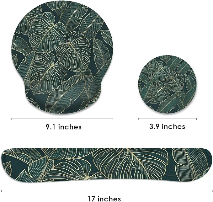 Britimes Ergonomic Mouse Pad Set with Wrist Rest Green Palm Leaves Non-Slip Rubber Base Wrist Cushion Support and Coasters Mousepad with Wrist Support for Computer Keyboard and Desk