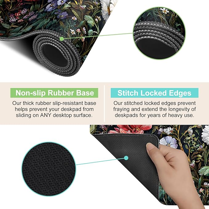 Desk Mat, XXL Extended Gaming Pad for Desktop, 31x12 Inches Vibrant Floral Colorful Flower Bouquet, Large Non-Slip Vegan Leather Surface with Stitched Edges, Keyboard Mouse Mat for Home Office