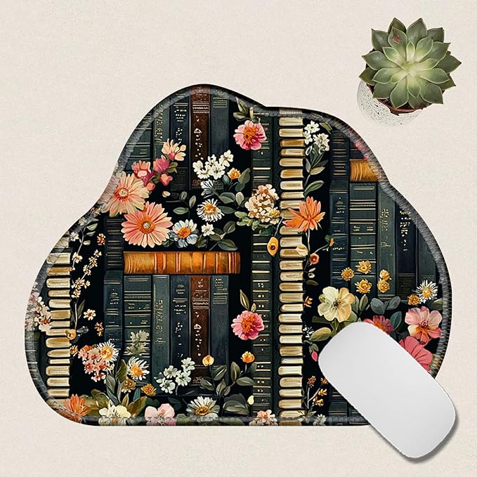 Cute Mouse Pad Plus 1 Coaster, Small Gaming Mouse Mat 11.8 x 9.45 inches, Travel Mouse Pads with Durable Stitched Edges Non-Slip Base, Flowers Bookshelves Decor Mousepad for Office Home