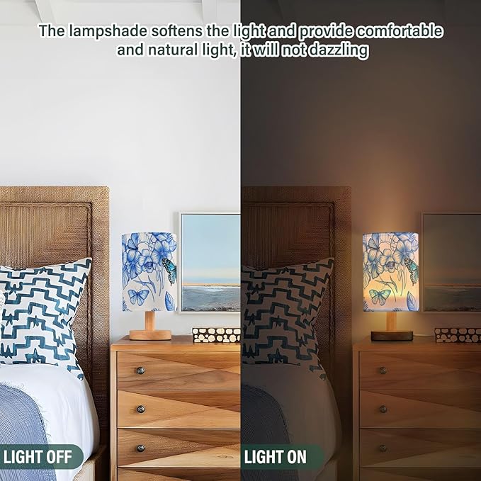 Blue Floral Butterfly LED Table Lamp, Bedside Lamp with Linen Lampshade, Flicker-Free Eye Care USB Plug in Nightstand Lamp, for Bedroom and Office