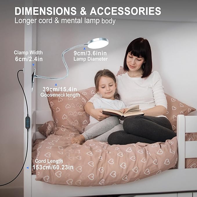 Clip-on Lamp Reading Light - 5 Color Modes, 10 Brightness Levels, 8W, 66 LED, Eye-Caring Metal Clamp Light with Gooseneck for Bed, Headboard, Desk, Video Conferencing, Makeup