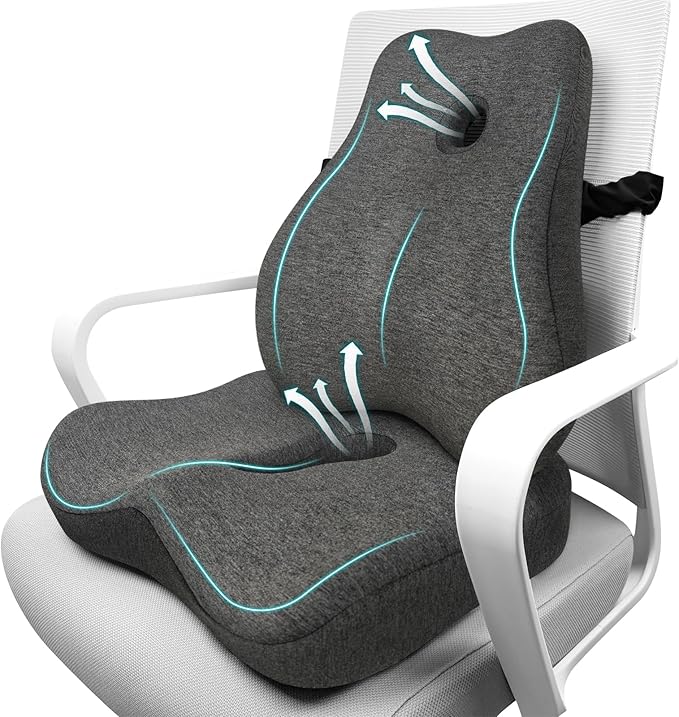 Seat Cushion & Lumbar Support Pillow Set for Office Chair, Ergonomic Pillow for Coccyx Support, Memory Foam Back Support Pillow & Chair Cushion for Car Seat, Desk Chair (Grey)