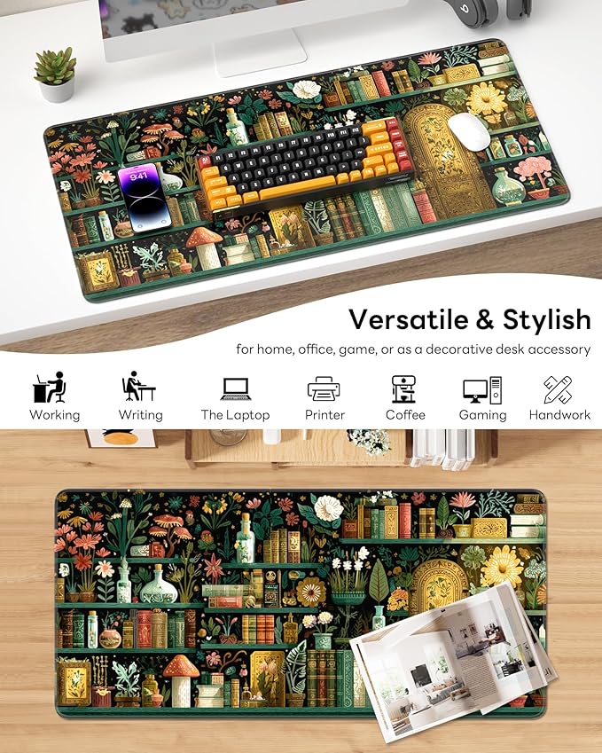 XL Gaming Mouse Pad, 31.5x15.7'' Large Desk Mat with Anti-Slip Rubber Base & Stitched Edges for Gaming, Office, Home, Boho Bookshelf