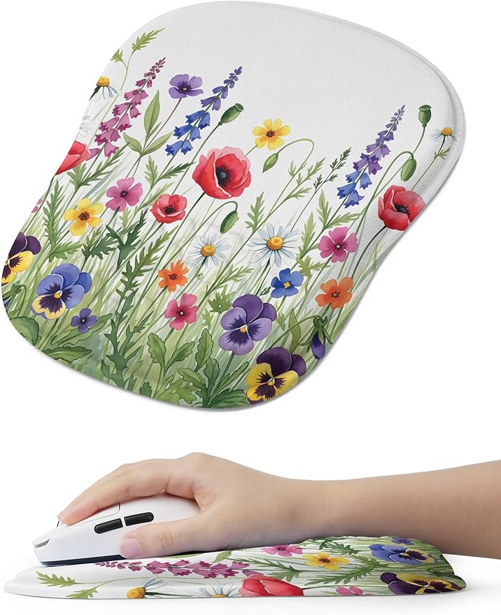 Wild Flower Bohemian Ergonomic Mouse Pad for Carpal Tunnel Pain Relief, 65% Usable Mouse Area, Memory Foam Concave Wrist Rest for for Office, PC, Gaming