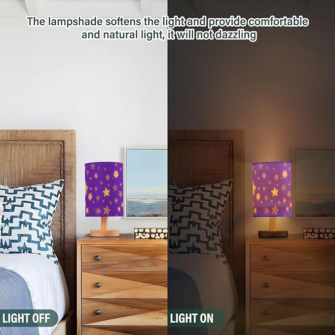 Purple Star LED Table Lamp, Bedside Lamp with Linen Lampshade, Flicker-Free Eye Care USB Plug in Nightstand Lamp, for Bedroom and Office