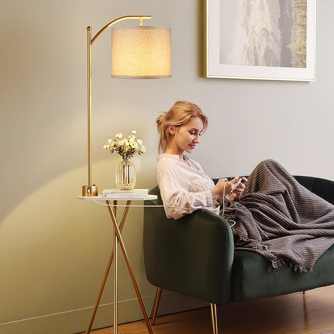 ROTTOGOON Floor Lamp with Table, End Table Lamp with Remote Control and Charging Station(USB & Type-C & AC Port), 4 Color Temperatures, Floor Lamps for Living Room, Bedroom and Home Office,Gold