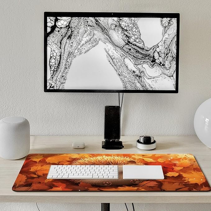 Large Ergonomic Gaming Mouse Pad Cozy Hedgehog in Autumn Leaves - Cute Forest Animal Theme with Non-Slip Base Water-Resistant Surface and Stitched Edges 40x90cm