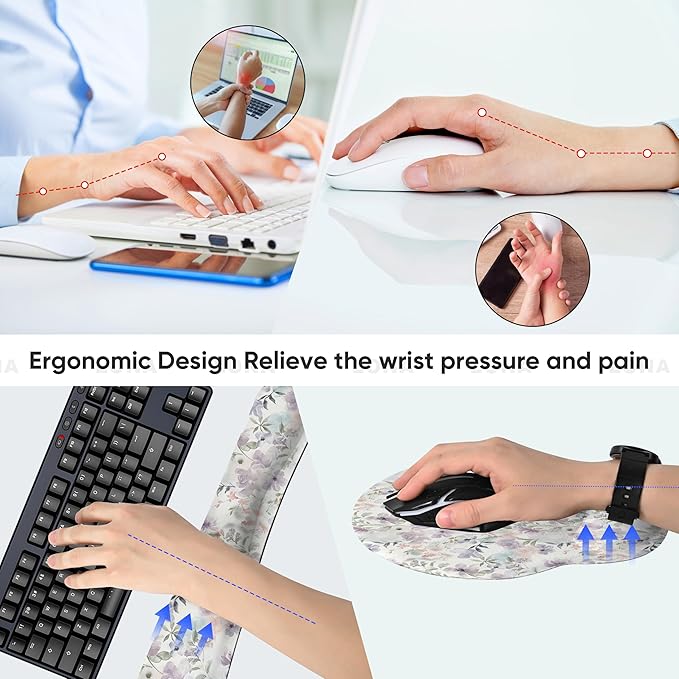 Ergonomic Keyboard Mouse Pad Wrist Rest Support Set for Laptop/Computer/Desktop,Memory Foam Hand Rest Wrist Cushion for Gaming/Office,Lightweight Comfortable (Purple Flowers)
