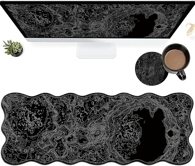 Lunar Surface Large Gaming Mouse Pad Plus a Coaster, 31.5 x 11.8 inches Desk Mat Extended XL Mousepad with Stitched Edge Non-Slip Rubber, Desk Pad Computer Mouse Mat for Home Office