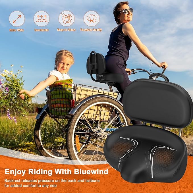 BLUEWIND New Noseless Oversized Bike Seat, Wide Bicycle Saddle Novel Backrest Design for Electric Bike, Universal Fit Exercise Bike or Road Stationary Bike Seat Cushion for Men & Women