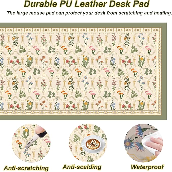Desk Pad, ZAXOXAZ PU Lesther Desk Protector, 31.5" x 15.7" XXL Large Extended Mouse Pad, Big Floral Desk Mat Flowers Desk Blotter, Laptop Desk Pad, Waterproof Desk Writing Pad for Office and Home
