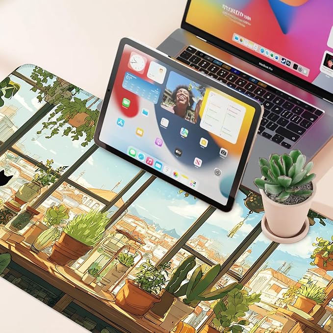 Desk Mat, XXL Extended Gaming Pad for Desktop, 35x16 Inches Cat Lover Kitty in Window with Houseplants, Large Non-Slip Vegan Leather Surface with Stitched Edges, Keyboard Mouse Mat for Home Office