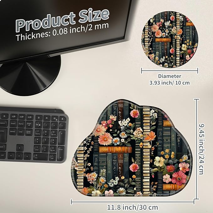Cute Mouse Pad Plus 1 Coaster, Small Gaming Mouse Mat 11.8 x 9.45 inches, Travel Mouse Pads with Durable Stitched Edges Non-Slip Base, Flowers Bookshelves Decor Mousepad for Office Home