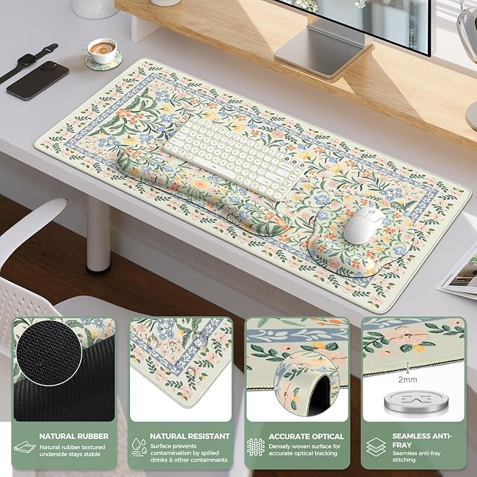 iCasso Green Desk Pad Mat, Large Mouse Pad and Keyboard Wrist Rest Set, Desk Protector Mat, 4in1 Ergonomic Keyboard Pad with Wrist Support for Desktop Home Office Computer Cover