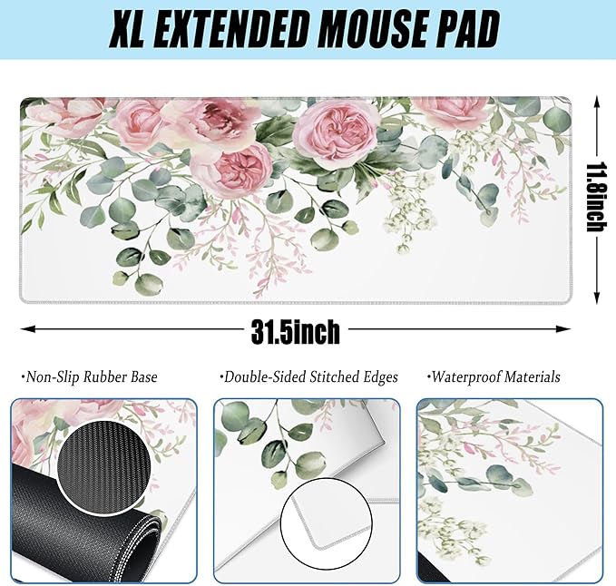 Desk Mat,Peony Flowers and Eucalyptus Leaves Large Gaming Mouse Pad for Desk XL,Pink Floral Desk Pad,Extended Big Computer Keyboard Mouse Pad with Non-Slip Base Stitched Edges 31.5"x11.8"