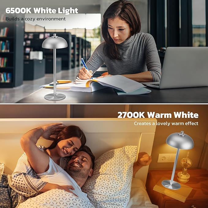 2 Pack Cordless Table Lamp, 5000mAh Portable Rechargeable Table Lamp, 3 Color Modes Stepless Dimming Table Light with Memory Function, for Dinner, Patio, Home, Restaurant.(Sliver)