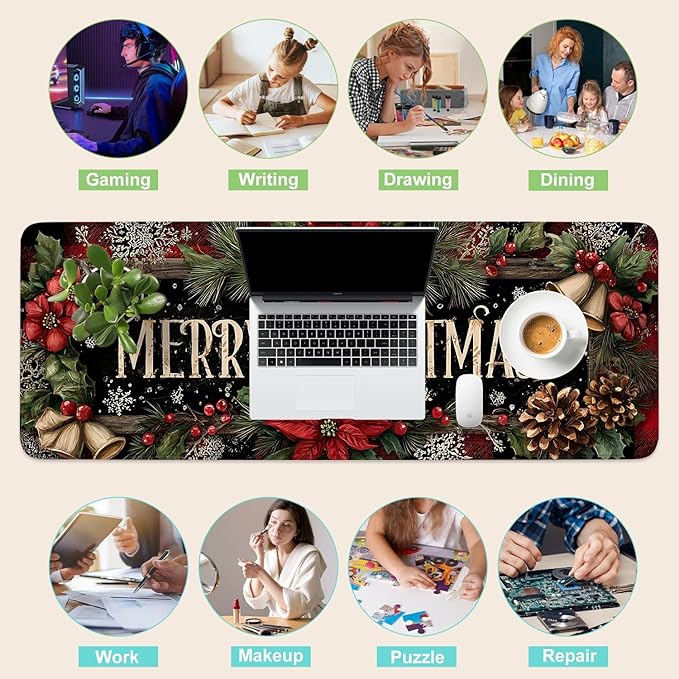 Desk Mat, XXL Extended Gaming Pad for Desktop, 31x12 Inches Floral with Flowers, Large Non-Slip Vegan Leather Surface with Stitched Edges, Keyboard Mouse Mat for Home Office