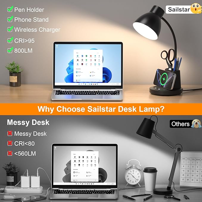Sailstar Desk Lamp with Wireless Charger, 3 Color Modes Dimmable Desk Lights with Pen Holder, 800LM CRI 95+ Neck Flexible Desk Lamp for Home Office, College Dorm, Studying, Working, Adapter Included