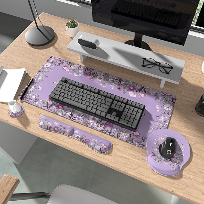 Ovenbird Mouse Pad Set 4-in-1 | Large Gaming Mousepad, Keyboard Wrist Rest, Mouse Wrist Support, Coaster | Ergonomic Office Desk Mat Accessories for Women Men | 4PCS, 35.4 x 15.7in, Purple Floral