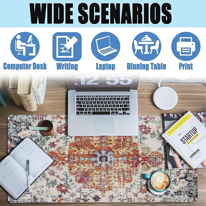 Large Gaming Mouse Pad for Desk,Boho Carpet Style Desk Mat for Desktop,Boho Rug Desk Pad,Extended Big Computer Keyboard Mouse Pad with Non-Slip Base and Stitched Edges 35.4"x15.7"