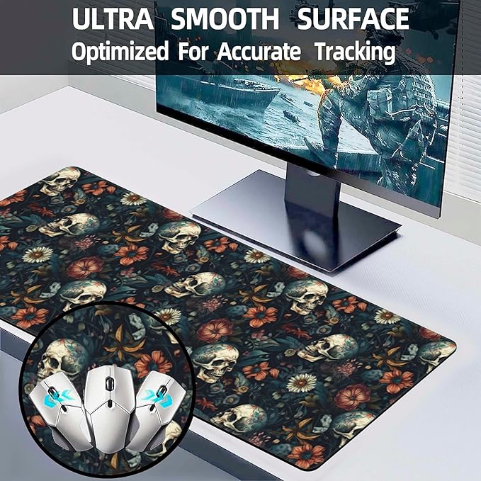 Desk Mat,Skulls with Flowers Large Gaming Mouse Pad XL,Skull Floral Desk Pad,Extended Big Computer Keyboard Mousepad with Non-Slip Base and Stitched Edges 31.5"x11.8"