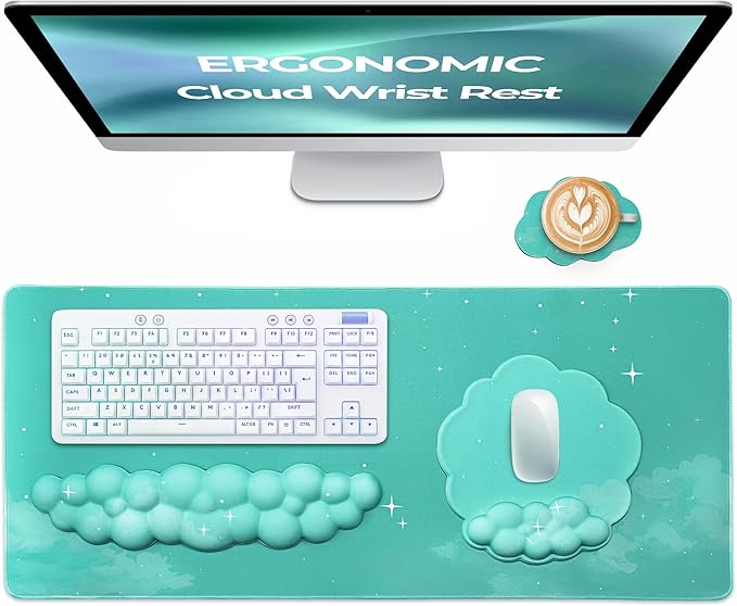 Premium Quality Cloud Wrist Rest Keyboard & Mouse Pad Set – Ergonomic Memory Foam Desk Accessories with Wrist Support & Cloud Coaster Wrist Rest for Office & Gaming- Mint