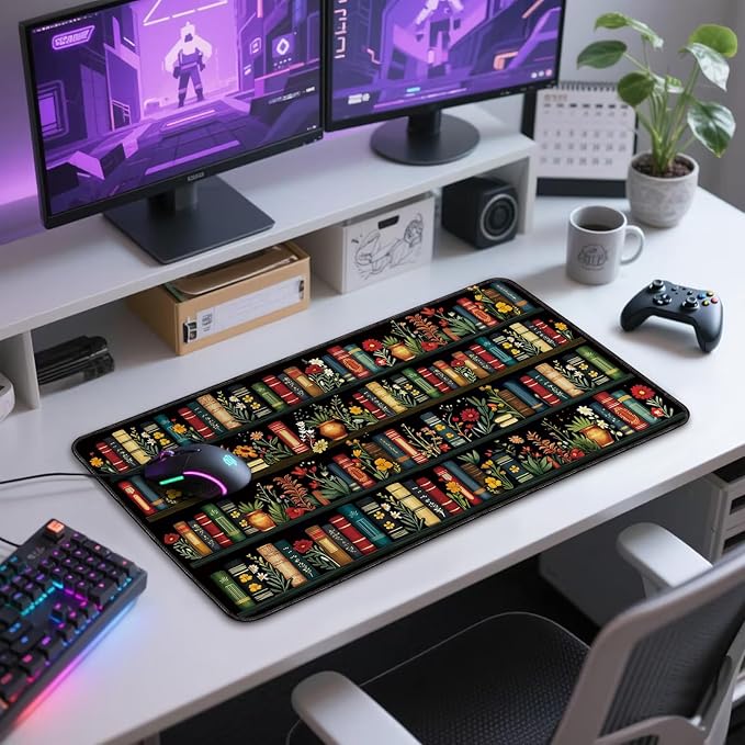 Vintage Library Bookshelf Large Gaming Mouse Pad 31.5"x15.7"｜ Flower XXL Desk Mat, Non-Slip Rubber Base & Stitched Edges - Extended Waterproof Mousepad for PC/Laptop/Office/Home Decor