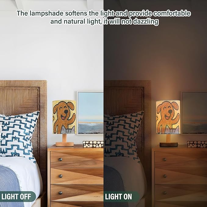 Happy Cat and Dog LED Table Lamp, Bedside Lamp with Linen Lampshade, Flicker-Free Eye Care USB Plug in Nightstand Lamp, for Bedroom and Office
