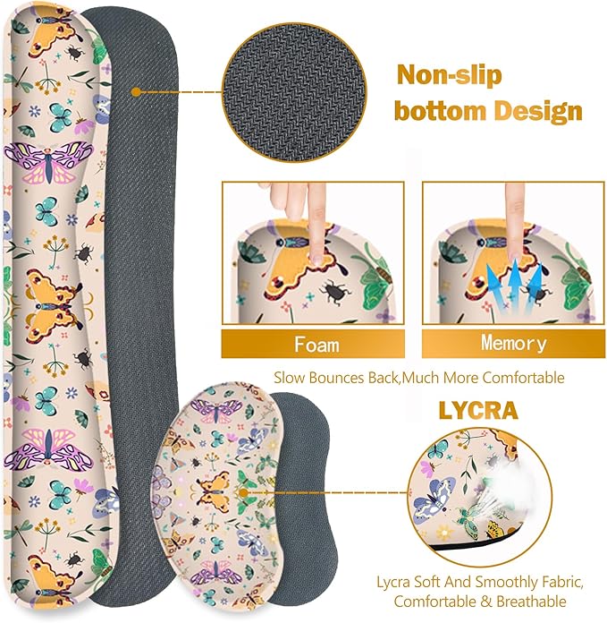 ARTSO Desk Mat Set, Apricot Extended Gaming Mouse Pad with Wrist Rest Support +Keyboard Wrist Rest +Coaster, Large Cute Butterfly Mousepad, Easy Typing & Comfort