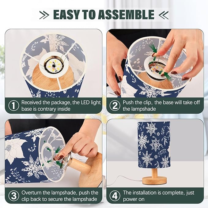 Navy Snowflake LED Table Lamp, Bedside Lamp with Linen Lampshade, Flicker-Free Eye Care USB Plug in Nightstand Lamp, for Bedroom and Office