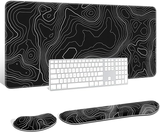 Auhoahsil Large Mouse Pad with Wrist Rests for Keyboard & Mouse, Thick Soft Ergonomic Memory Foam Wrist Supports, Big & Long Desk Mat 35.5 x 15.7 in, for Office Gaming Computer, Black Contour