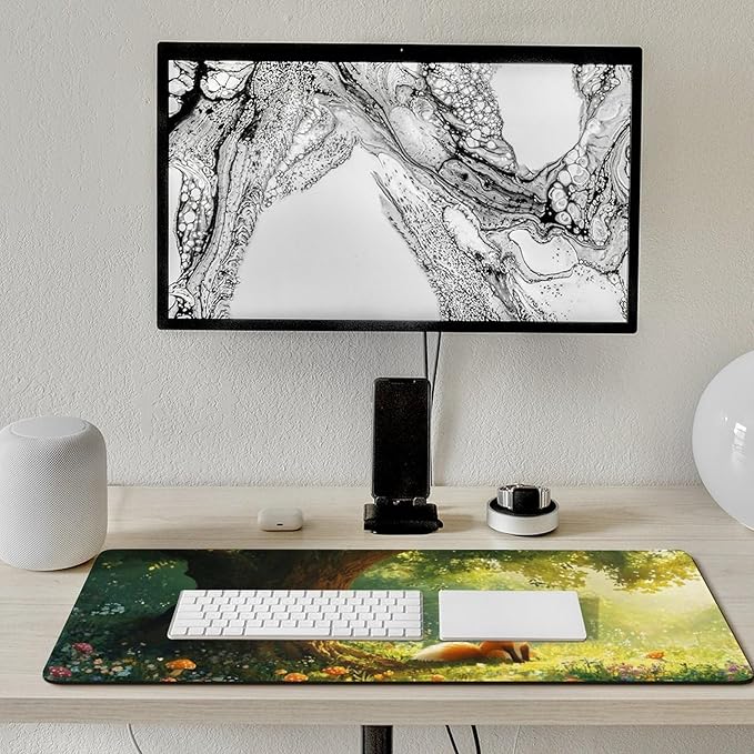 Cute Fox Mouse Pad, Large Extended Desk Mat 40×90cm (16''×36'')， Forest Animal Gaming Mousepad with Non-Slip Rubber Base, Stitched Edges, Water-Resistant for Office Home