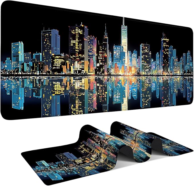 Large Mouse Pad & Keyboard Mat 35x16 Inches, Modern City Nightscape with Neon Lights Non-Slip Rubber Base Desk Mat, Large Extended Desk Protector for Home Office Gaming Setup