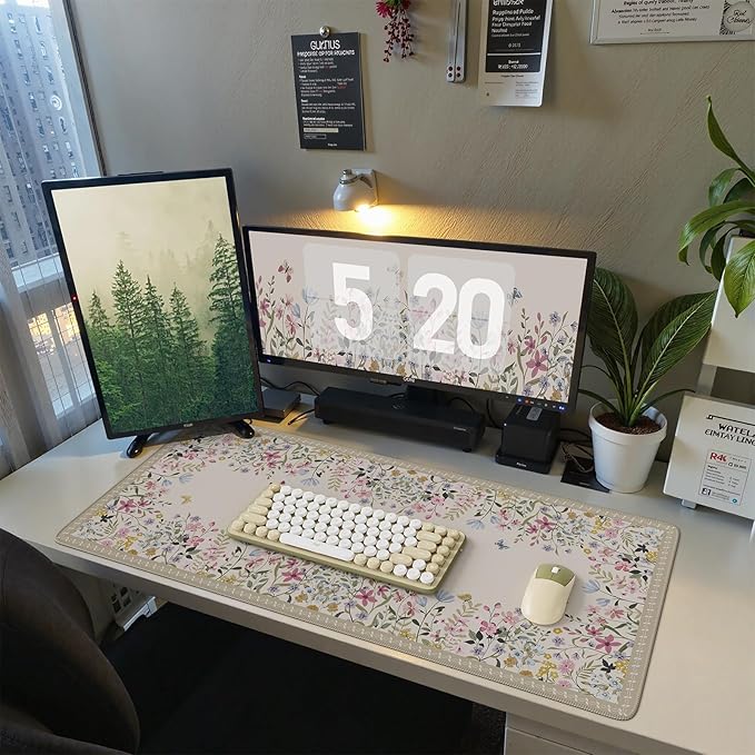 iCasso Floral Desk Mat for Keyboard and Mouse,Cute Gaming Mouse Pad XXL,Anti-Slip Desk Matt for Desktop,Soft Lycra Surface Computer Mat Women,Girly Big Mousepad for Home Office (Beige)