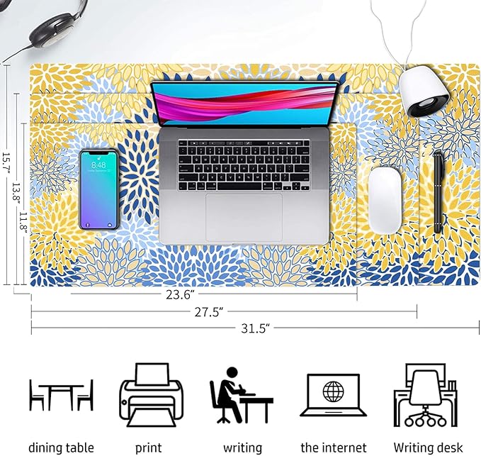 Desk Mat Large Protector Pad 27.5" ×13.8", Non-Slip PU Leather Desk Blotter, Waterproof Mouse Pad for Office Home Chic Flower