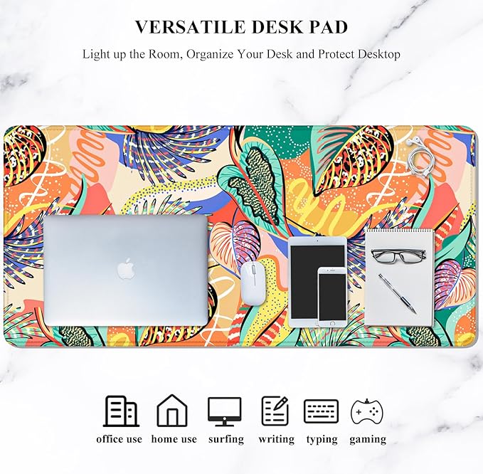 Auhoahsil Desk Mouse Pad, Large Gaming Mousepad, XXL Desk Pad, Extended Long Superior Micro-Weave Cloth Non-Slip Rubber Big Computer Mouse Mat for Gamer, Office & Home, 35" x 15", Tropical Leaves