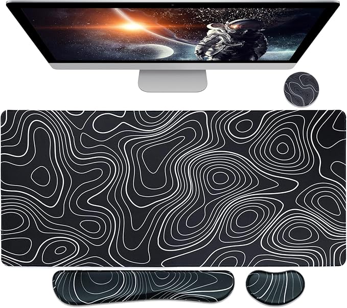Bloss Keyboard Mouse Pad Set, Large Gaming Desk Pad+Keyboard Wrist Rest+Mouse Wrist Cushion+Coaster, Non-Slip Desk Mat, Home Office Essentials-Black and White Topography (35.4 x 15.7 Inches)