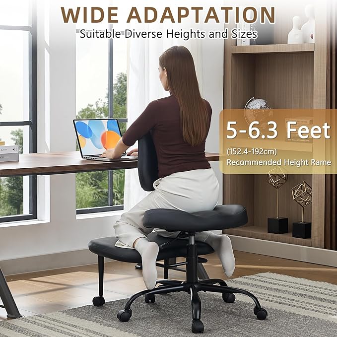 Ergonomic Criss Cross Legged Office Chair, ADHD Chair, Wide Height Adjustable Seat 360° Swivel Footstool with Wheels, PU Leather Meditation Kneeling Chair, for The Restless Home Workers, Black