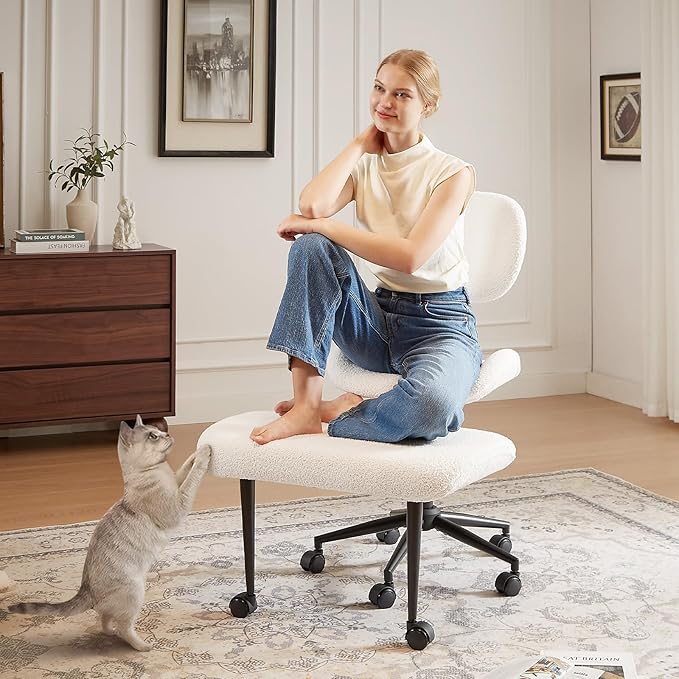 Ergonomic Cross Legged Chair for ADHD, Meditation Chair with 360° Swivel Wheels, Kneeling Office Chair with Back Support, Strong Lumbar Support, Teddy Fabric, White