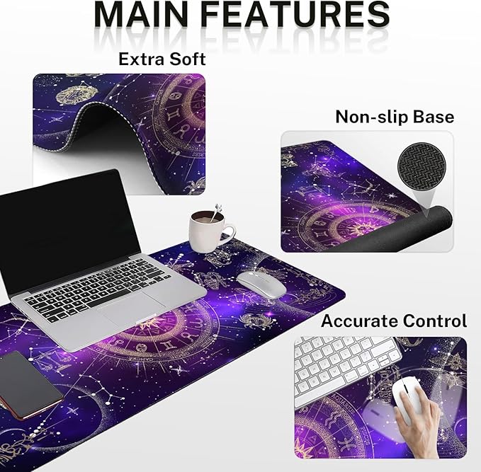 Arttown Sun Space Galaxy Desk Mat Constellation Astrology Mouse Pad Set 4 in 1 Ergonomic Design Large Mousepad + Keyboard Wrist Rest + Mouse Wrist Rest + Coaster Suitable for Home Office Study Game
