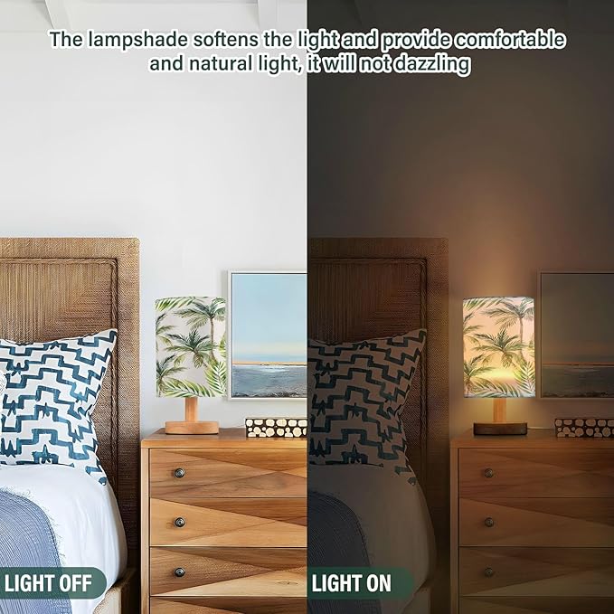 Tropical Palm Tree Bedside Table Lamp for Bedroom Nightstand, Small Eye Care LED Desk Reading Lamp USB Port Wood Base Round Flaxen Fabric Shade for for Kids Room Living Room Office Desk