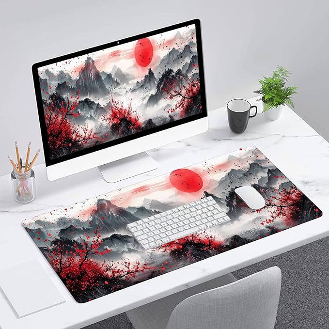 Watercolor Cherry Blossom Gaming Mouse Pad Pink Japanese Mountain Mousepad XL Large Gaming Mouse Pad Laptop Keyboard Mat Desk Pad 31.5"x11.8" Office Home Decor for Women Girl