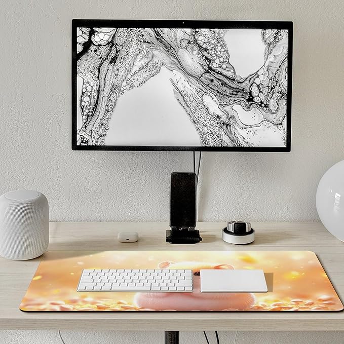 Large Ergonomic Gaming Mouse Pad Happy Hamster with Sunflower Seed - Cute Animal Theme with Non-Slip Base Water-Resistant Surface and Stitched Edges 40x90cm