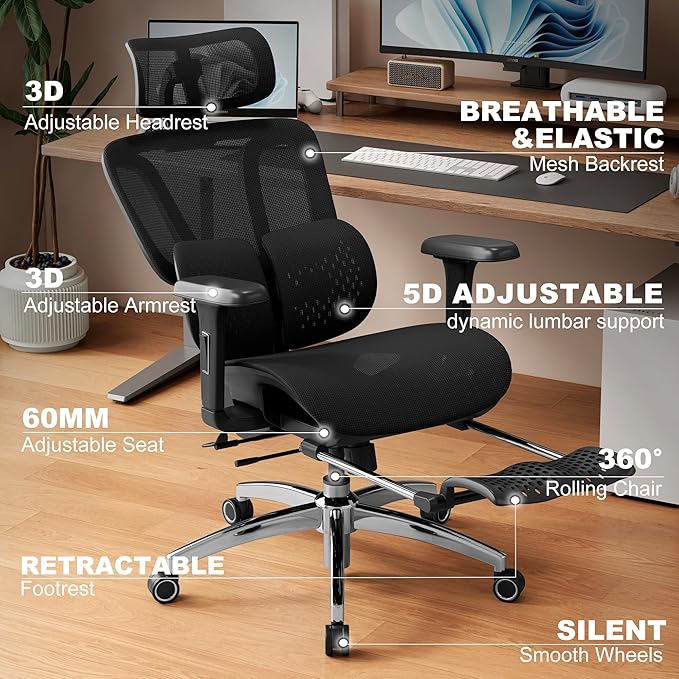 Vonesse Ergonomic Office Chair with Footrest, Desk Chairs with Adjustable 3D Headrest and Armrests, Computer Gaming Chair with Dynamic Lumbar Support & Adjustable Depth Breathable Mesh Seat (Black)