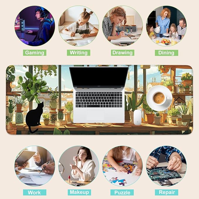 Desk Mat, XXL Extended Gaming Pad for Desktop, 31x12 Inches Cat Lover Kitty in Window with Houseplants, Large Non-Slip Vegan Leather Surface with Stitched Edges, Keyboard Mouse Mat for Home Office