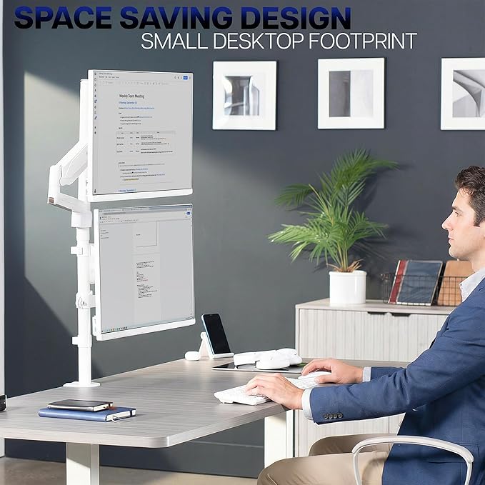 VIVO Dual Monitor Arm Extra Tall Mount for Screens up to 32 inches, Mechanical Height Adjustment, Full Articulating Heavy Duty VESA Stand with Desk C-clamp and Grommet, White, STAND-V012KW