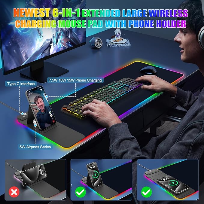 RGB Mouse Pad with Foldable Phone Stand & Wireless Charger, 31.5"x11.8" XL Gaming Mousepad Large Desk Mat, Desk Pad with Dual Charging for Phone & AirPods | 11 Colors & 5 Modes | Waterproof