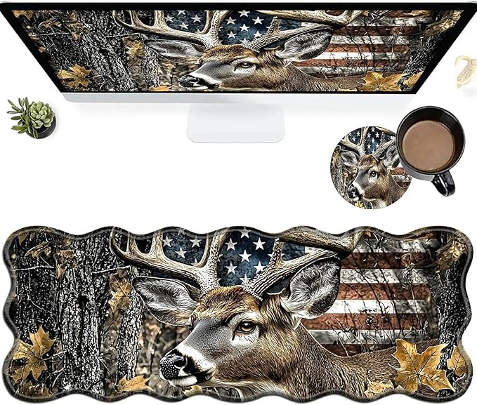 Camo Flag Deer Large Gaming Mouse Pad Plus a Coaster, 31.5 x 11.8 inches Desk Mat Extended XL Mousepad with Stitched Edge Non-Slip Rubber, Desk Pad Computer Mouse Mat for Home Office
