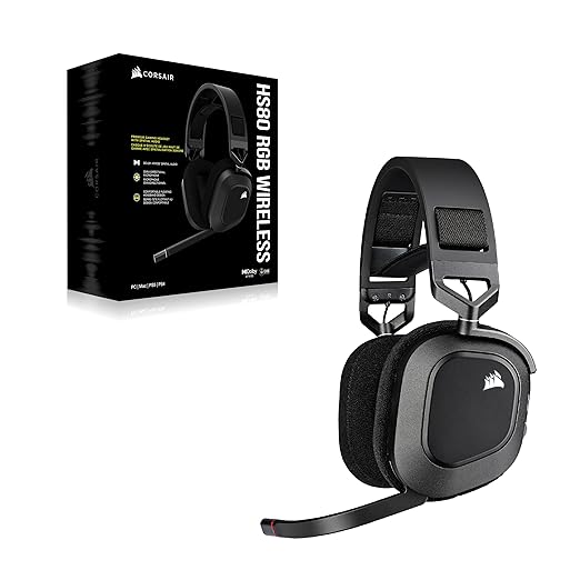 Corsair HS80 RGB Wireless Multiplatform Gaming Headset - Dolby Atmos - Lightweight Comfort Design - Broadcast Quality Microphone - iCUE Compatible - PC, Mac, PS5, PS4 - Black