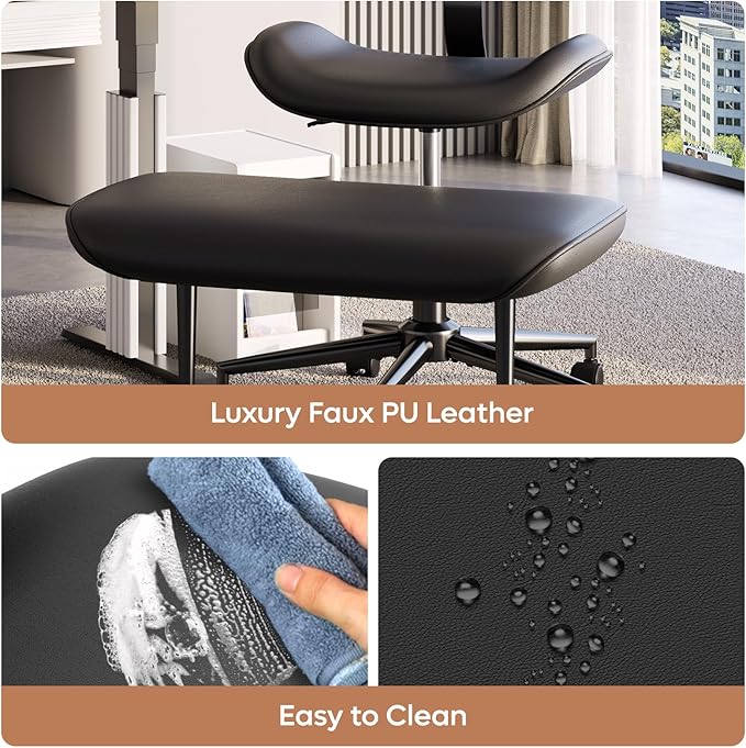 Cross-Legged Office Chair with Footrest, PU Leather Armless Desk Chair, Wide Padded Seat for Cross Leg Sitting, Adjustable Height & Swivel, Modern Home Office Chair, Black